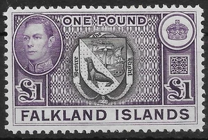 FALKLAND ISLANDS SG163, HEIJTZ 93d, MURRAY PAYNE 18c 1950 £1 THIN PAPER MTD MINT - Picture 1 of 1