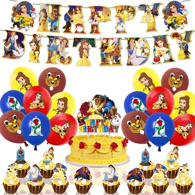 La Bella y la Bestia Tema Fiesta de Cumpleaños Suministros Globo Banner Pastel Toppers Foto 1 de 4