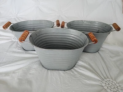 Lot of 3 Farmhouse Whitewash Metal Planter Wooden Handles Rustic 9"W x 4.5"H - Image 1 of 4