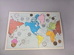 Vintage 1956 Royal Coin Co. World Map & 15 International Coins Display - Picture 1 of 7