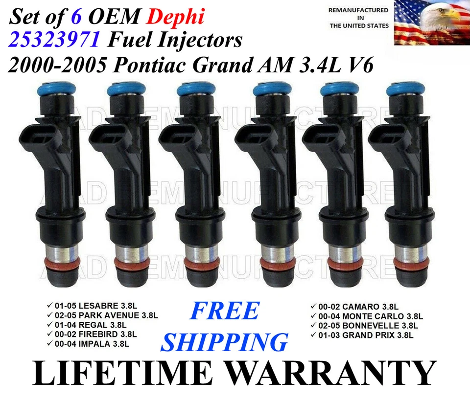 Juego de 6 inyectores de combustible Delphi genuinos para Pontiac Grand AM 2000-2005 3,4 L V6 Foto 1 de 1