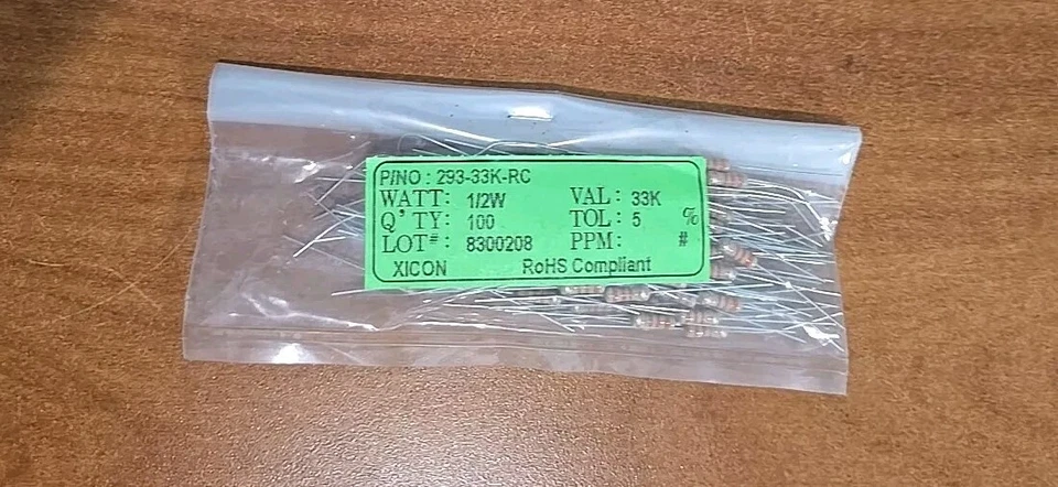 Resistencia de película de carbono Xicon Carbon 33-Ohm Ω 5 % tolerancia 1/2 W 0,5 vatios PAQUETE DE 100   Foto 1 de 4