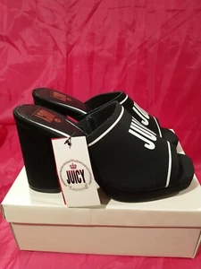 Juicy Couture Juicy Girly Womens Heeled 4.5" Sandals Black White Logo Size 9 M - Picture 1 of 15