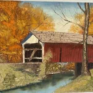 Original Vtg Oil Painting-Signed And Framed-Melcher Covered Bridge Fall 16x20 - Picture 1 of 11