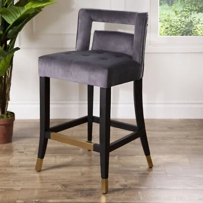 Abbyson Jemma Velvet Counter Stool with Gold Accents - Grey - New in Box - Image 1 of 4