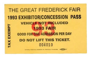 1993 Great Frederick Fair Exhibitor Concession Pass Ticket Maryland MD Card VTG - Picture 1 of 2