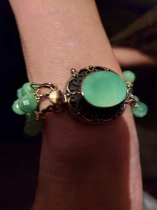 Vintage Sterling Briolette Beaded Jade Jadeite 2 Strand Bracelet Signed JR 7" - Picture 1 of 24