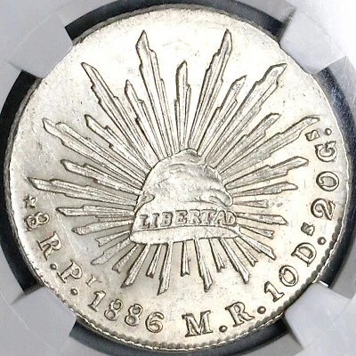 Moneda escasa 1886-Pi NGC MS 62 México 8 Reales Potosí Mint Cap Rays (19040902C) Foto 1 de 4