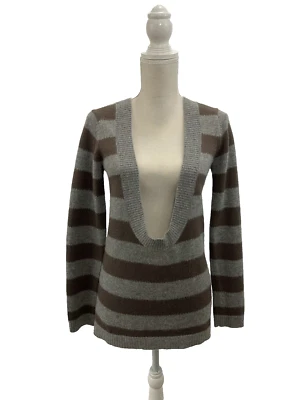 Theory 100% Cashmere Sweater Sz MEDIUM Gray Brown Striped Deep V Neck Bohemian - Image 1 of 4