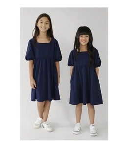 GUC Blush By Us Angels Puff Sleeve Square Neck Textured Babydoll Dress in Navy 7 - Picture 1 of 13