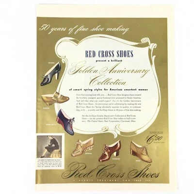 1940 Zapatos Cruz Roja DE COLECCIÓN ESTAMPADO AD LIFE Aniversario Dorado Moda Para Mujer Foto 1 de 3