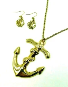 LARGE GOLD ANCHOR PENDANT NECKLACE WITH MATCHING EARRINGS  28" GOLD CHAIN - Picture 1 of 8