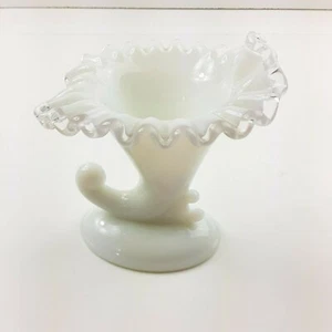 Fenton Milk Glass Clear Ruffled Edging Cornucopia. 5.5" x 5". - Picture 1 of 4
