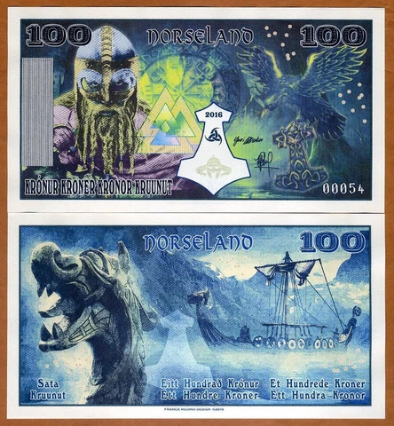 Norseland, 100 Kronur 2016, Private Issue, UNC Viking, Thor Hammer, Dragon Cover