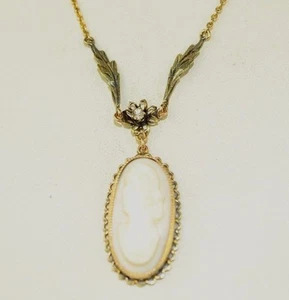 VINTAGE HAND CARVED SHELL CAMEO 15" NECKLACE W/ FRENCH PASTE FLOWER & 10K LEAVES - Picture 1 of 6