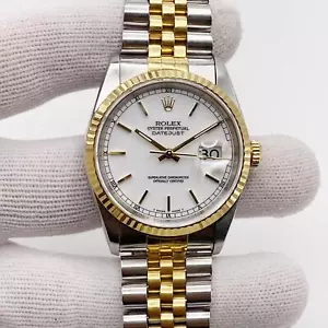 Montre automatique pour homme Rolex Datejust 36 mm sans trous or 18 carats cadran blanc 16233 - Photo 1 sur 9