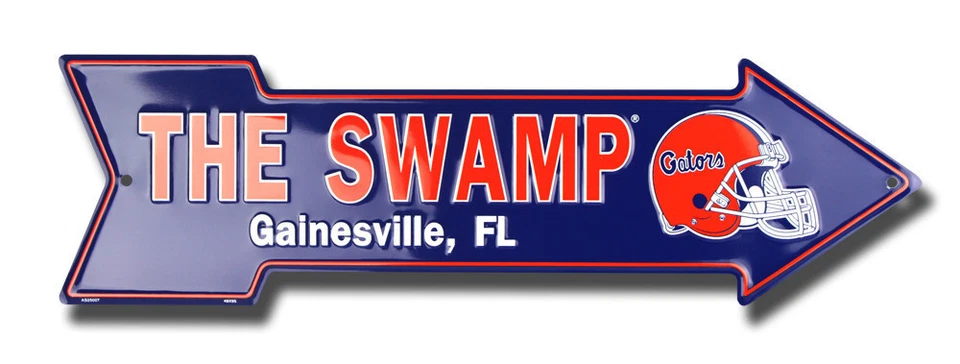 FLORIDA GATORS THE SWAMP 压花金属箭头标志 MAN CAVE SPORTSROOM  — 第 1/1 张图片