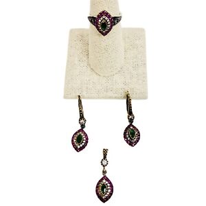 Turkish Handmade Jewelry 925 Sterling Emerald CZ Earring Pendant Ring Sz 7.5 Set