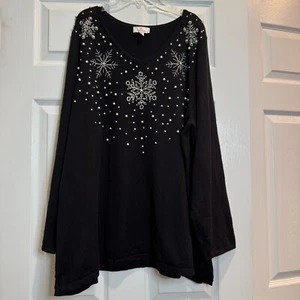 Quacker Factory Womens Sweater Black Beaded Snowflakes Holiday Bling Size 2X - Picture 1 of 15