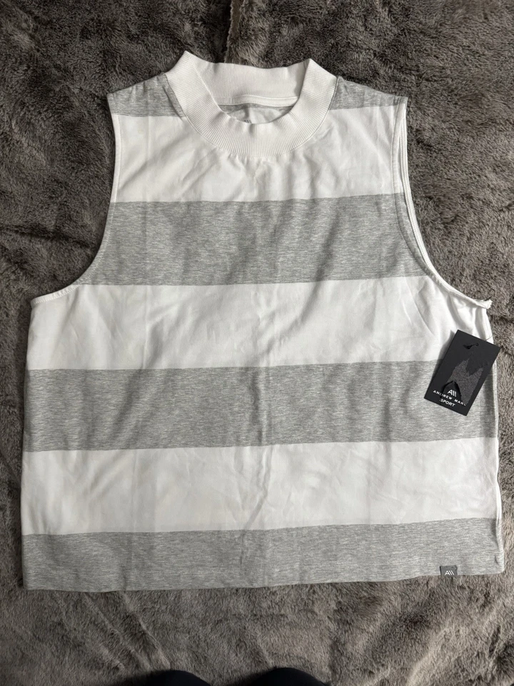 NUEVO CON ETIQUETAS Andrew Marc Sport Rugby Rayas Cuello Redondo Camiseta sin Mangas Gris y Blanco Talla XL NUEVO Foto 1 de 4