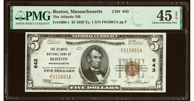 1929 Boston, MA $5 Type 1 The Atlantic National Bank Ch. # 643 PMG 45 EPQ - Image 1 of 2