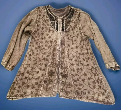 VTG Brown Top Long Sleeve Cotton Whimsygoth Velvet Tunic EMBROIDERY FLORAL Fall - Image 1 of 4