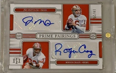 2024 Joe Montana Roger Craig Dual Auto National Treasures SSP /25 Prime Pairings - Image 1 of 4