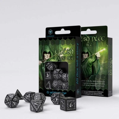 Juego De Dados Elvish Negro Y Blanco Para Juegos De Rol Q-Workshop DND RPG Nuevo - Imagen 1 de 2