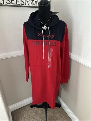 NWT Tommy Hilfiger Cotton Hoodie Sweatshirt Dress Red Navy Pocket Large $79.50 - Image 1 of 4