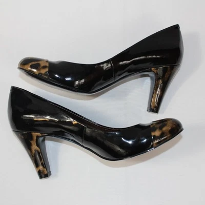 Nine West Black 3 ¼" Heel Dress Shoe with Leopard Print Heel and Toe Size 8 ½ M - Image 1 of 4
