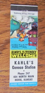 KAHLE'S CONOCO BENZINA STATION COPERTINA LIBRO FIAMMIFERI: HOXIE, KANSAS 1950s MATCHCOVER -B6 - Foto 1 di 2