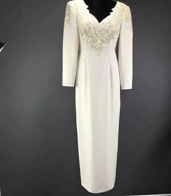 Formal Gown Size 10 White Beaded Elegant Satin Column Built in Bra Wedding Bella - Image 1 of 4