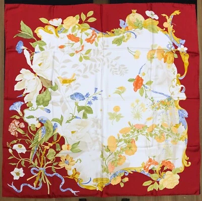 Rare MINT Salvatore Ferragamo Silk Scarf 86cm Italy Red Bird Flower Rose FIRENZE - Image 1 of 4