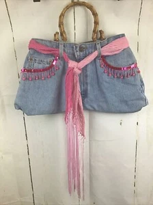 Handcrafted Levi Jeans Purse W/Plastic Wood Look Handles/Scarf/Embellishments - Picture 1 of 20