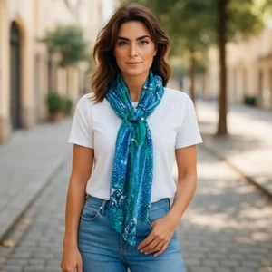 Multicolor Green Blue White Black Geometric Wrap Scarf - Picture 1 of 8