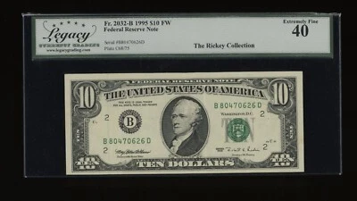 DBR 1995 $10 FRN New York Fr. 2032-B Legacy XF-40 Serial B80470626D - Image 1 of 2