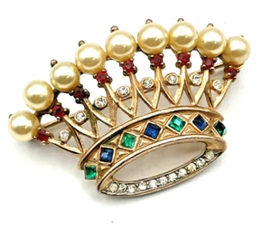 Vintage Trifari Sterling Vermeil Coronation Crown Brooch w Faux Pearls 2.25" - Picture 1 of 11