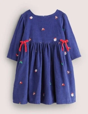 Mini Boden Embroidered Navy Cord Christmas Party Dress Festive NWT New 11-12 - Image 1 of 4