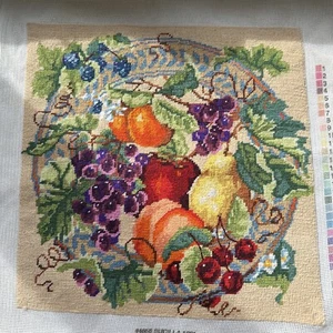 Vintage Bucilla Fruit Needlepoint Stitched Pillow Top Array of Fruit  13” X 13” - Picture 1 of 6