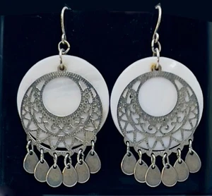 Vintage Mother of Pearl & Bohemian Chandelier Coin Dangle Earrings - Picture 1 of 4