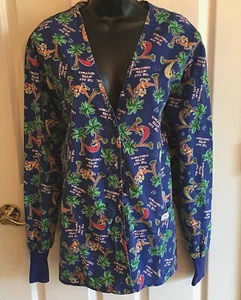 Ladies "Day After Christmas" Scrubs Jacket Large Santa Reindeer Palms Crest Used - Picture 1 of 12