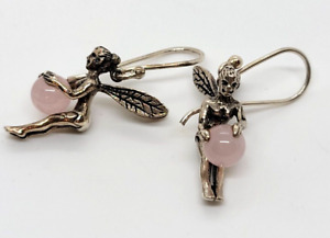 Sterling Silver Hook & Dangle Fairy Holding Rose Quartz Globe Earrings So Sweet!