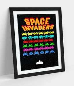 SPACE INVADERS RETRO ARCADE GAME -ART FRAMED POSTER PICTURE PRINT ARTWORK- BLACK - Picture 1 of 10