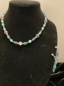 KRISTALL AQUA UND LAVENDEL HALSKETTE UND CLIP OHRRINGE 18" - Bild 1 von 6