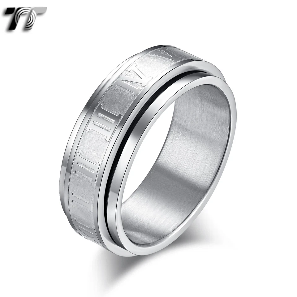 TT 8mm Silver Stainless Steel Roma Number Spinner Band Ring Size 7-12 (R442) NEW - Image 1 of 1