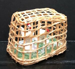 Two Chickens Fixed In A Bamboo Coop Tumdee 1:12 Scale Dolls House Miniature