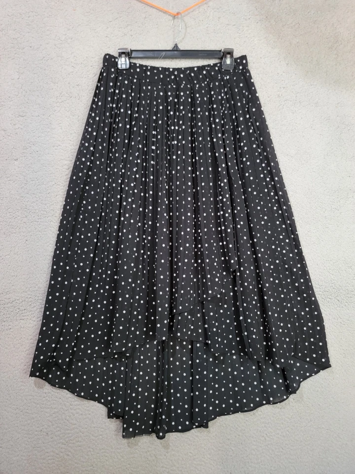 Pleated Chiffon Midi Skirt Size Small Black Polka Dot Faux Wrap Hi Low Hem - Image 1 of 4