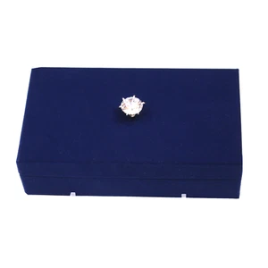 Navy Blue Velveteen Trinket Box Lined Hinged Lid Ring Holder Faux Diamond Handle - Picture 1 of 6