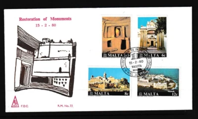 MALTA 1980 FDC RESTORATION OF MONUMENTS WITH INFORMATION CARD INSERT #C617 - Image 1 of 2