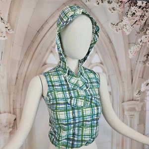 1940s 1950s MCM Blue Tartan Plaid Green Cropped Top Blouse w/ HOOD Front Pocket - Picture 1 of 20
